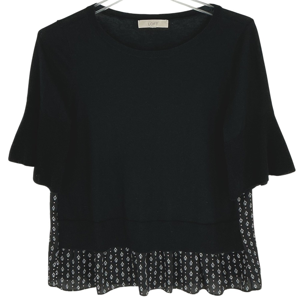 LOFT Black Flutter Sleeve Ruffle Hem- Back Print Knit Top‎ Geometric Women's M
